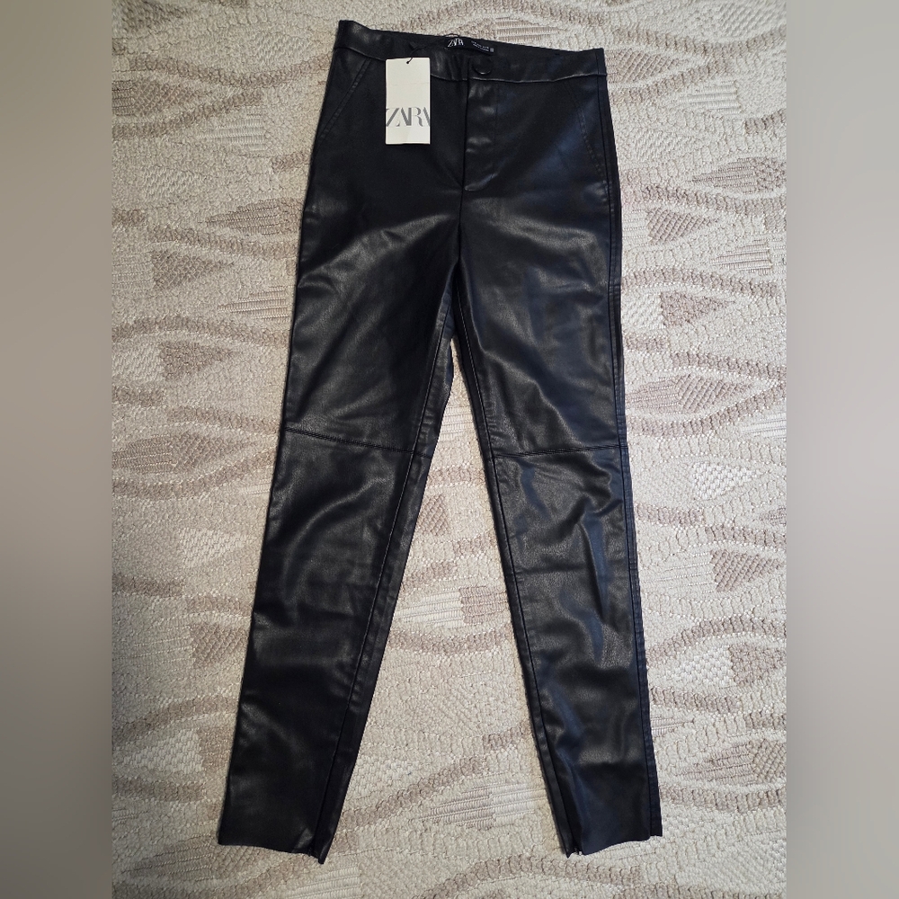 Zara Black Faux Leather Zip Hem Pants Size Small BRAND NEW W TAGS